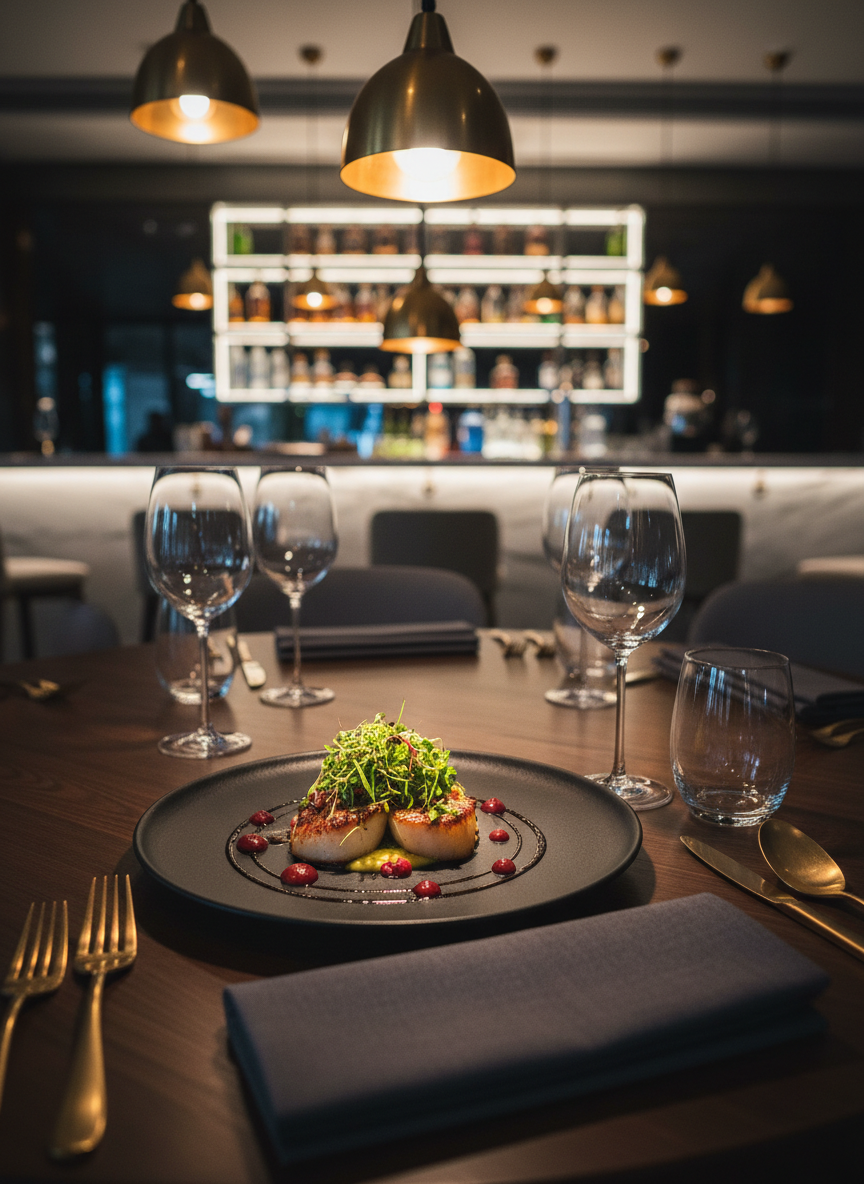 An opulent dining table set inside a dimly lit, contemporary restaurant, captured without any diners. The centerpiece is a perfectly plated gourmet dish on a matte black ceramic plate, featuring vibrant microgreens, glossy sauce swirls, and artfully arranged components. Surrounding it are crystal-clear wine glasses, elegantly folded linen napkins, and brushed gold cutlery resting on a dark walnut tabletop. Warm pendant lights above cast a golden, cinematic glow, creating soft reflections in the glassware and subtle shadows that emphasize texture. In the blurred background, a marble bar and backlit shelves of bottles add depth. Shot at eye level with a shallow depth of field, the composition feels intimate and luxurious, highlighting the artistry of fine dining and premium restaurant content.
