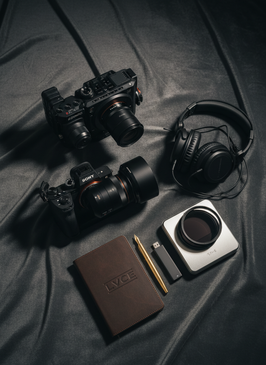 A meticulously styled flat lay of luxurious photography and videography gear arranged on a deep charcoal velvet backdrop. A matte black cinema camera with a compact prime lens, a full-frame mirrorless camera with a crisp lens hood, a pair of noise-isolated studio headphones, and sleek ND filters rest alongside a leather-bound notebook embossed with a subtle logo. A polished brass pen and a minimalist USB-C drive add refined detail. Soft, directional studio lighting from the top left creates cinematic shadows and gleaming highlights on metallic edges. The mood is sophisticated and aspirational, with a shallow depth of field that keeps the central camera in razor focus while the outer elements fall into a smooth, cinematic bokeh. Photorealistic, high-end commercial style.
