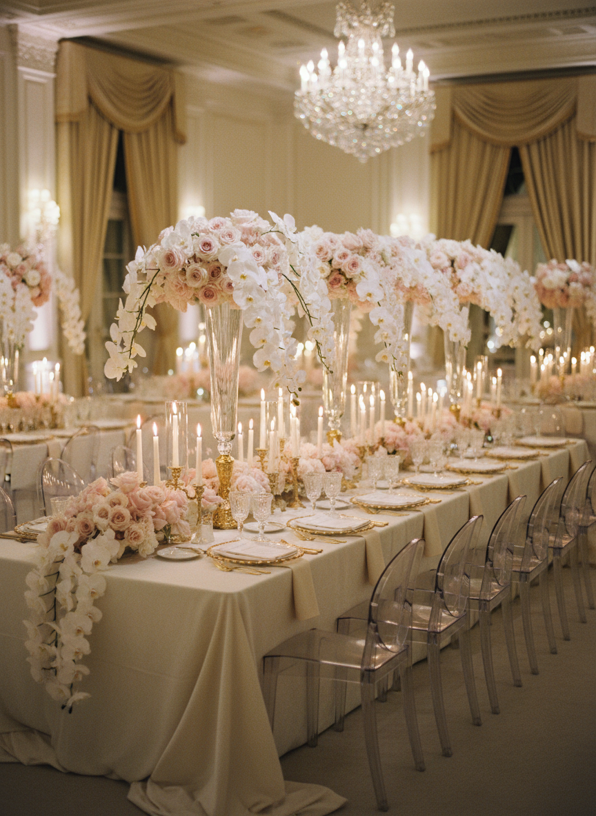 A lavish wedding reception scene focused entirely on the decor: a long banquet table draped in ivory linen, adorned with tall crystal vases filled with cascading white orchids and blush roses, and surrounded by transparent ghost chairs. On the table, flickering tapered candles in gold holders cast romantic, cinematic light that dances across polished charger plates and etched glassware. The background reveals a softly lit ballroom with floor-to-ceiling drapery and a glimmering chandelier out of focus. Captured from a slightly elevated angle along the table’s length, the image uses the rule of thirds and a shallow depth of field to draw the eye through the scene. The mood is opulent, timeless, and cinematic, perfect for showcasing luxury event visuals.
